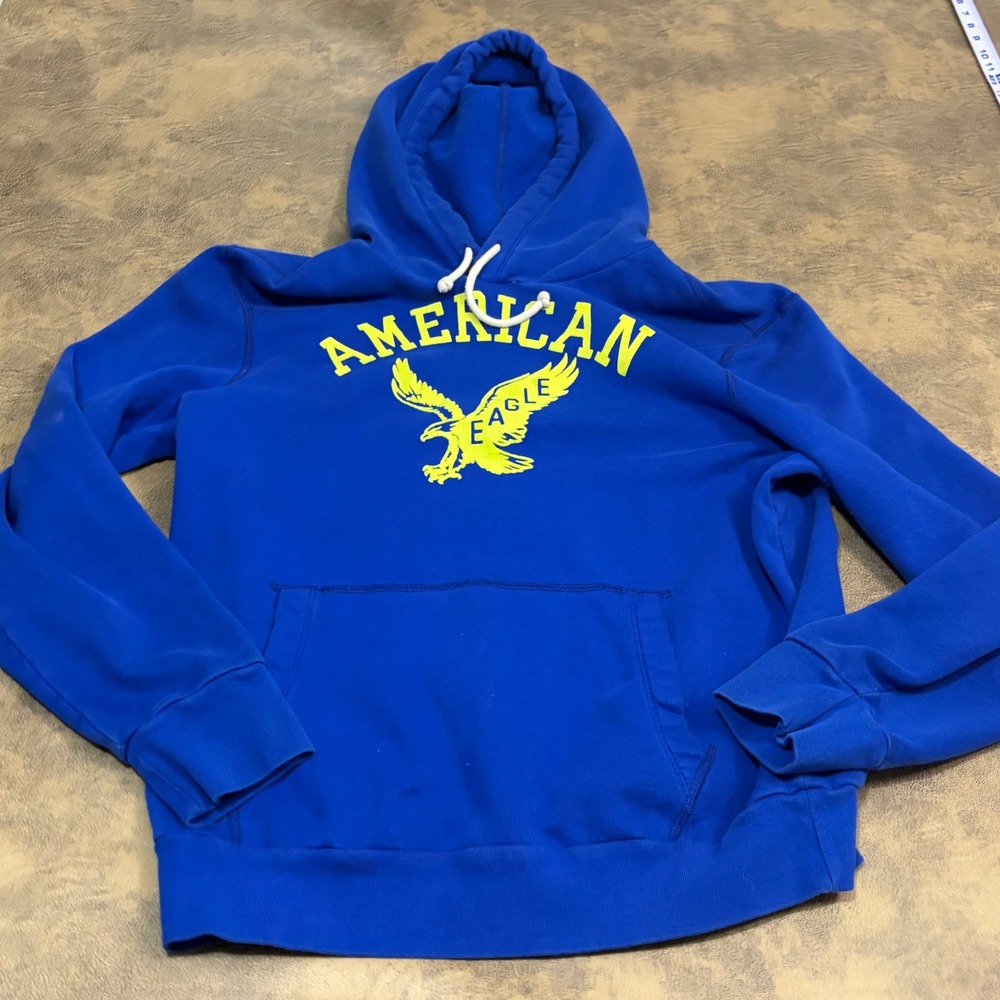 American Eagle Hoodie Mens Medium Blue Eagle Graphic Classic Fit Pullover 3724